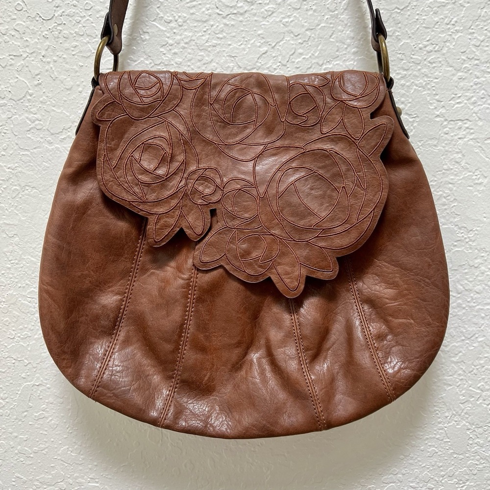 Stamp 10 Brown Faux Leather‎ Floral Embroidered Rose Crossbody Hobo Bag Boho